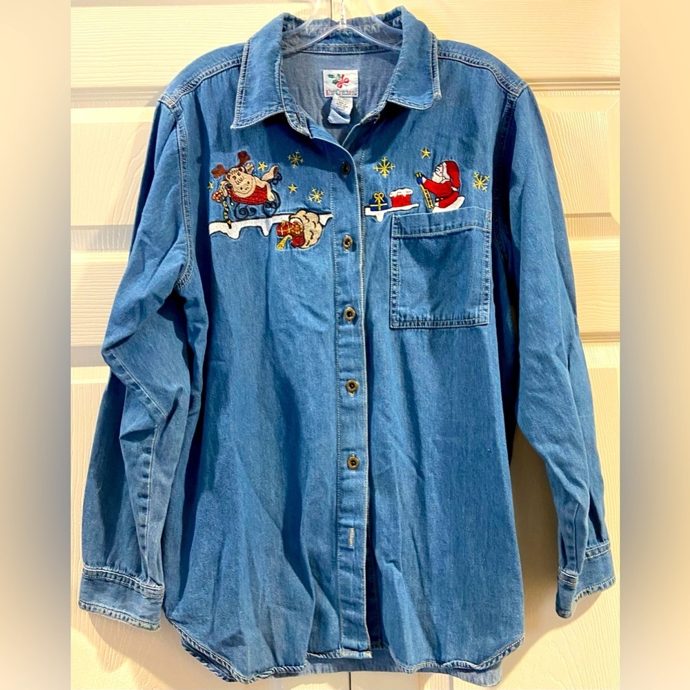 NutCracker Vtg Holiday Denim Size L Denim Long Sleeve Button Down Pocket Santa